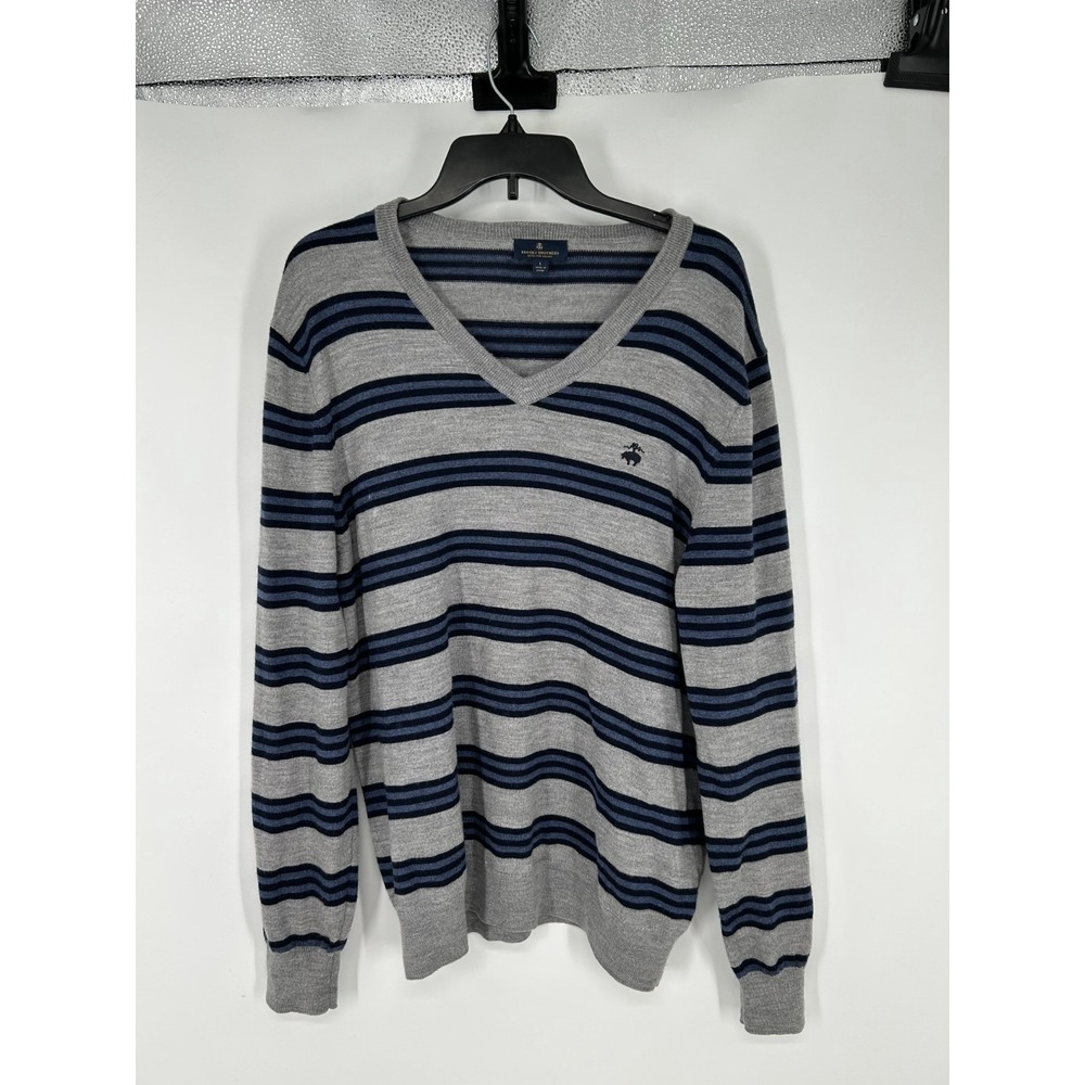 Brooks Brothers Sweater Mens Large Gray Navy Striped Merino Wool V Neck Logo